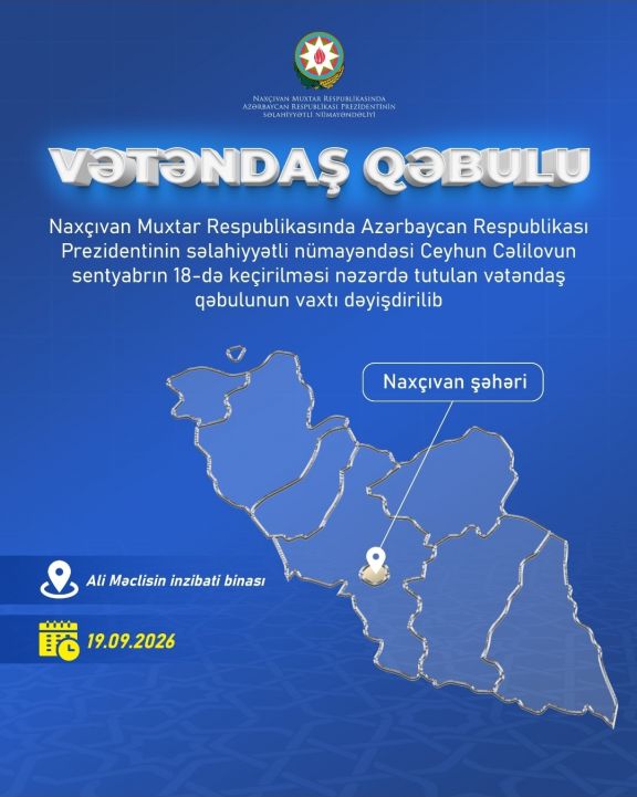 Səlahiyyətli nümayəndənin Naxçıvan şəhərində keçirəcəyi vətəndaş qəbulunun vaxtı dəyişdirilib