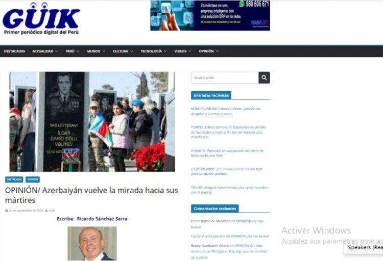 Peru mətbuatı: “Azərbaycan şəhidlərinin xatirəsini ehtiramla yad edir”