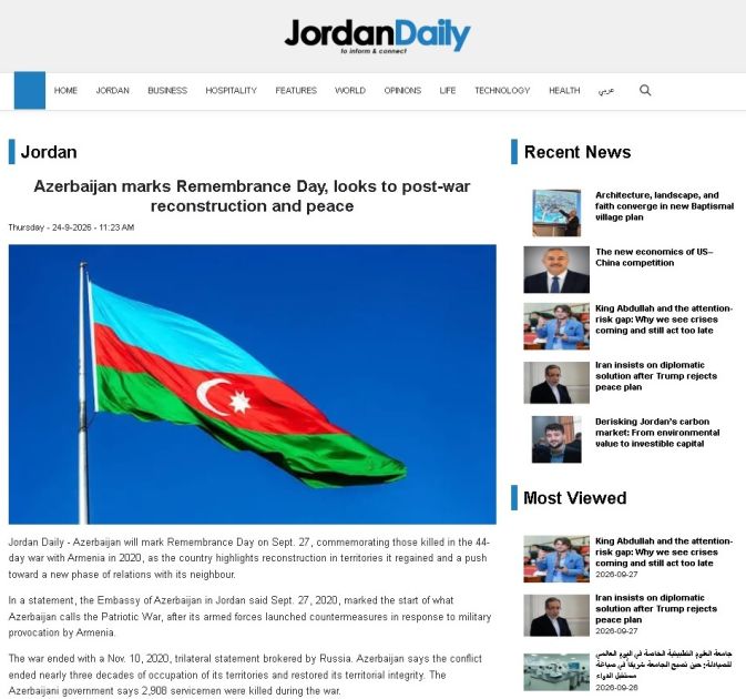 İordaniya mediasında 27 Sentyabr – Anım Günü haqqında məqalələr dərc edilib
