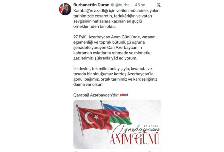 Burhanettin Duran: Qarabağ uğrunda mübarizə yaxın tariximizdə Vətən sevgisinin ən güclü nümunələrindən biri oldu