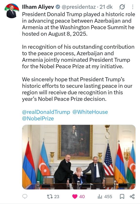 Prezident İlham Əliyev Trampa Nobel Sülh Mükafatının veriləcəyinə ümid etdiyini bildirib