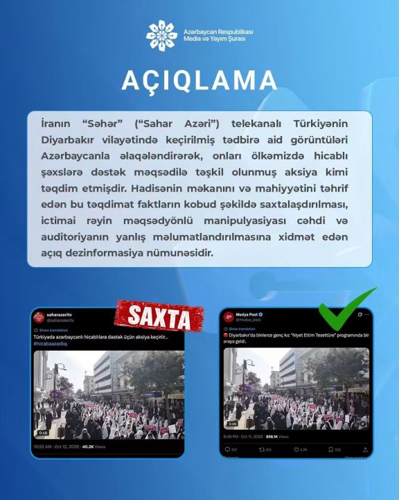 Şura: İranın "Səhər" kanalı Türkiyədəki görüntüləri Azərbaycanla əlaqələndirərək ictimai rəyi çaşdırır